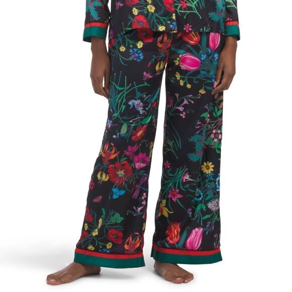 DALIA MACPHEE Black Satin Floral 2 pc Notched Long Sleeve Pants PJ Set - Picture 5 of 6